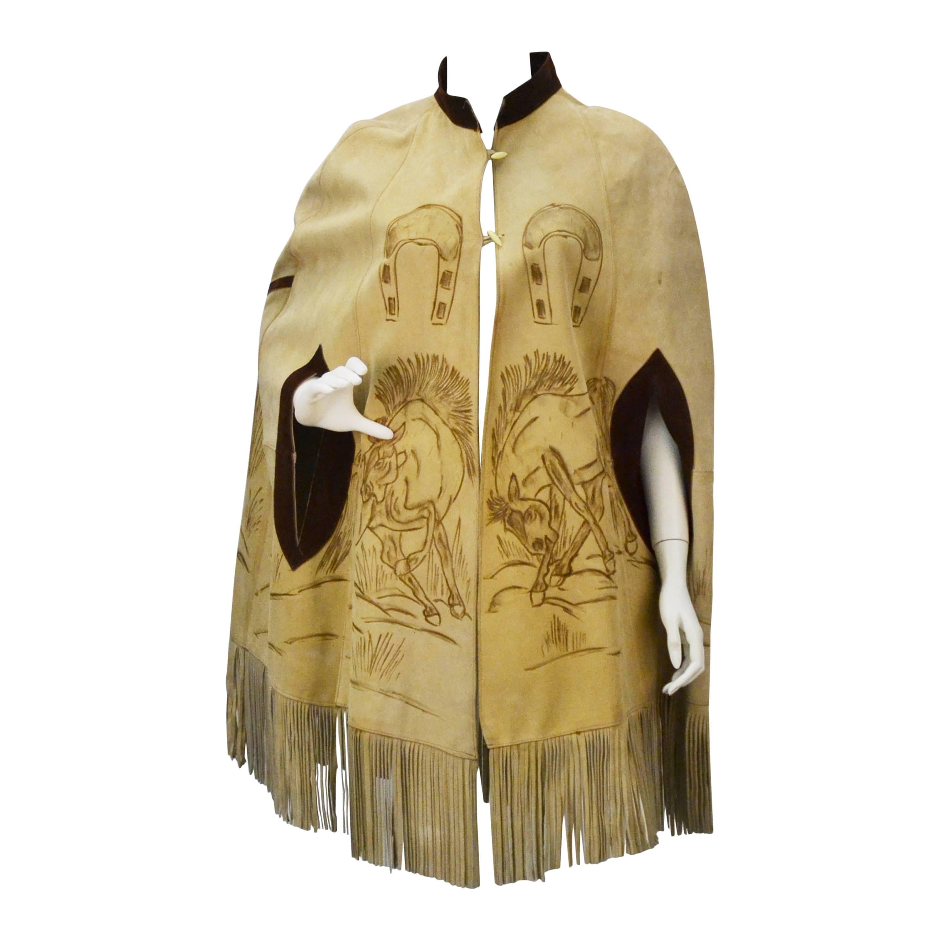 Hand Drawn Suede Mexican Poncho, 1970s