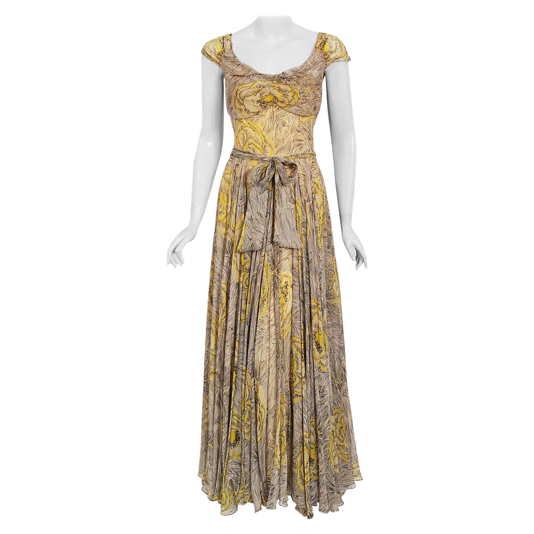 Vintage 1940's Sophie Gimbel Yellow-Roses Floral Silk Cap-Sleeve Full Skirt Gown