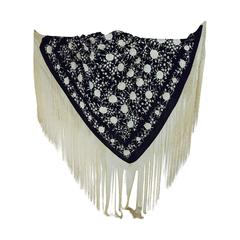 Black & white floral silk Hand Embroidered Canton Piano Shawl 1920s 4