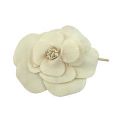 Chanel Vintage Classic Silk Off-White Camellia Brooch