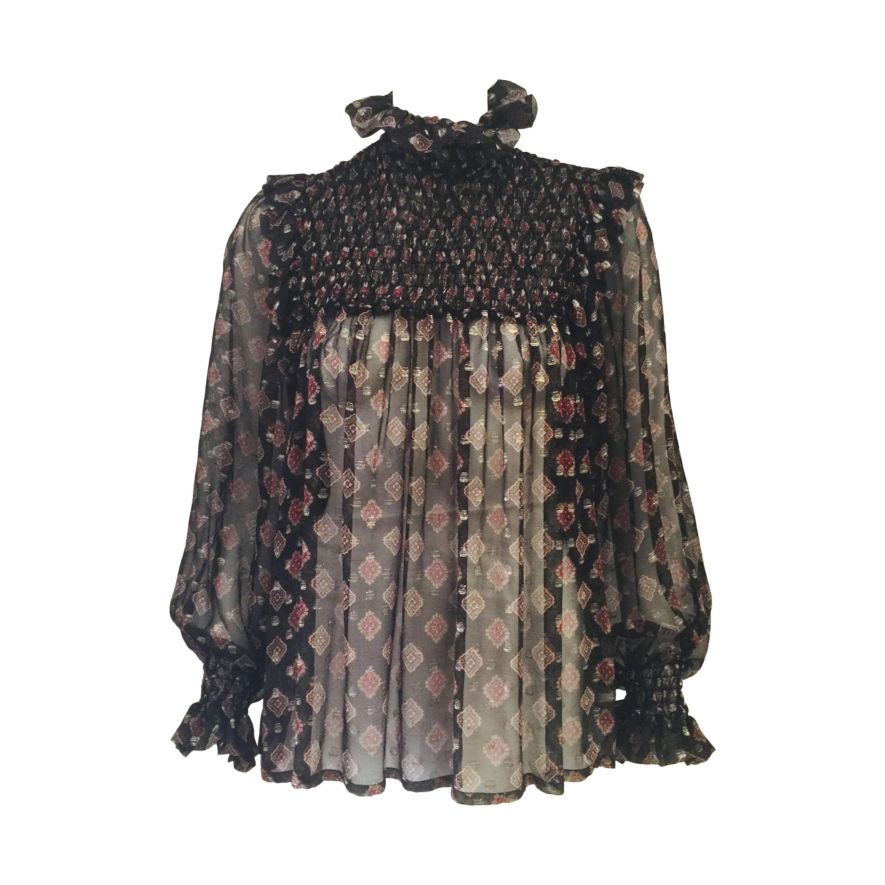 1970s Saint Laurent Rive Gauche Sheer Silk Long Sleeve Blouse  For Sale