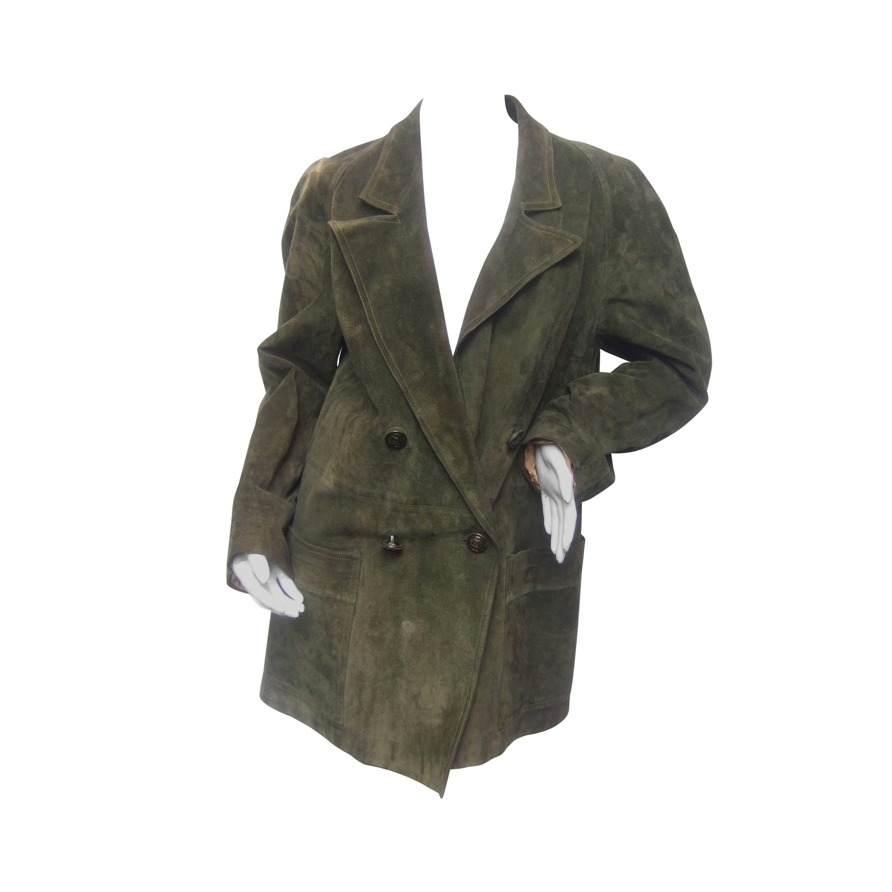 Gucci Italy Moss Green Suede Shabby Chic Unisex Jacket c 1970s