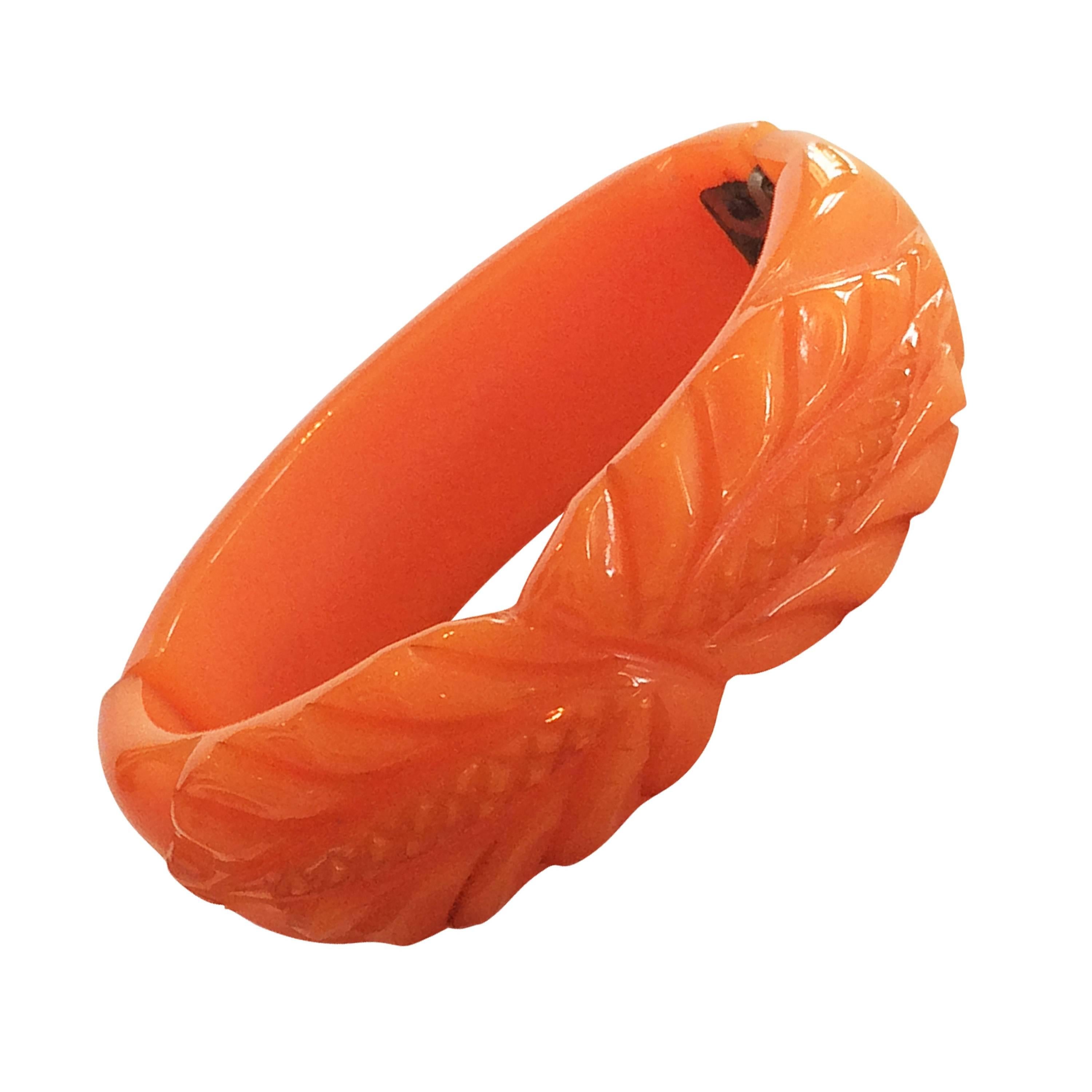 Art Deco tangerine Bakelite carved bangle or clamper bracelet