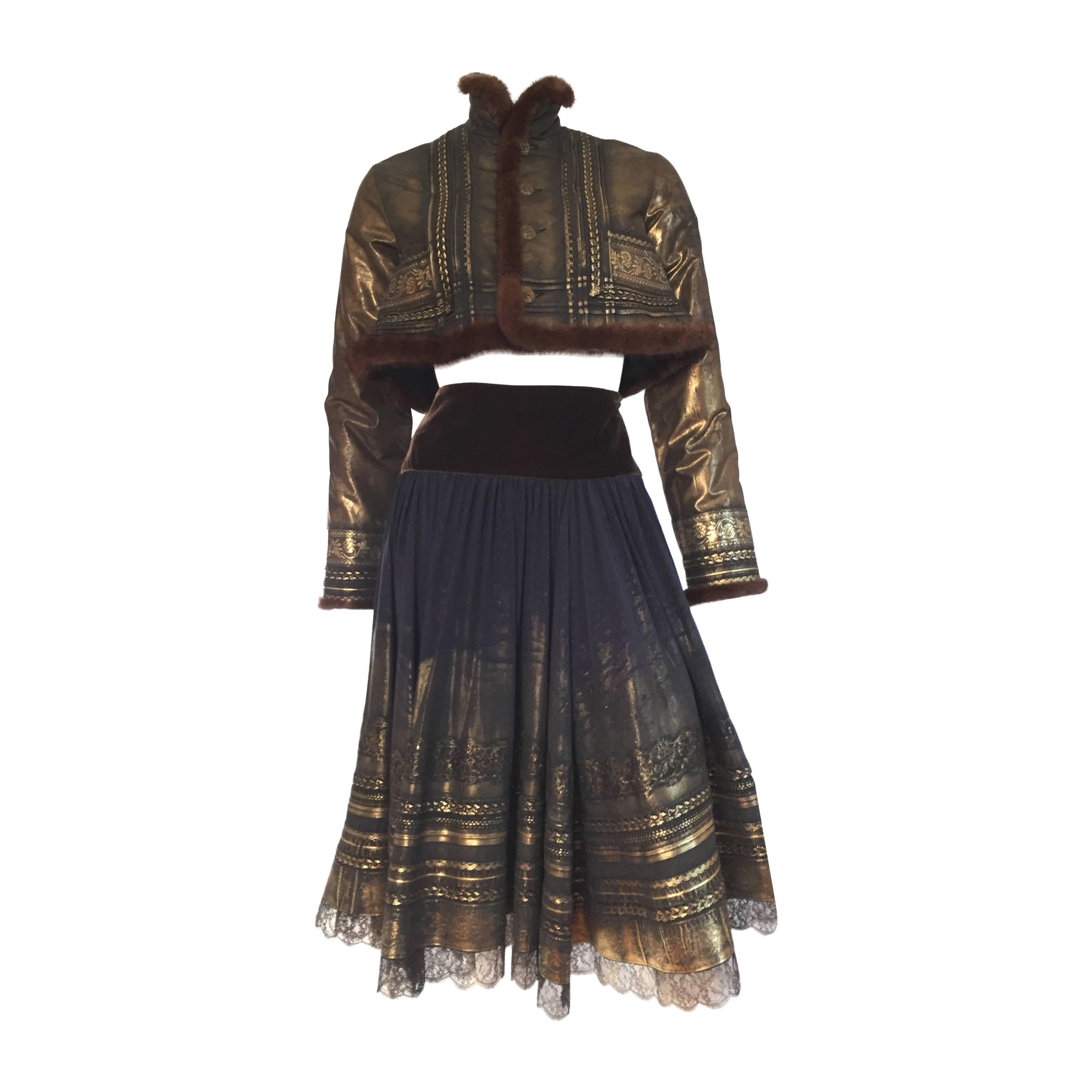 Jean Paul Gaultier Femme mink trimmed metallic coat & skirt.