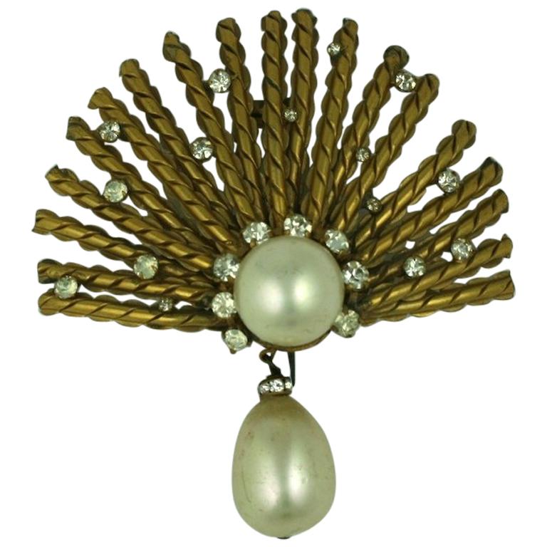  Coco Chanel Gilt Sunburst Brooch with Pastes and Pearls, Goossens For Sale