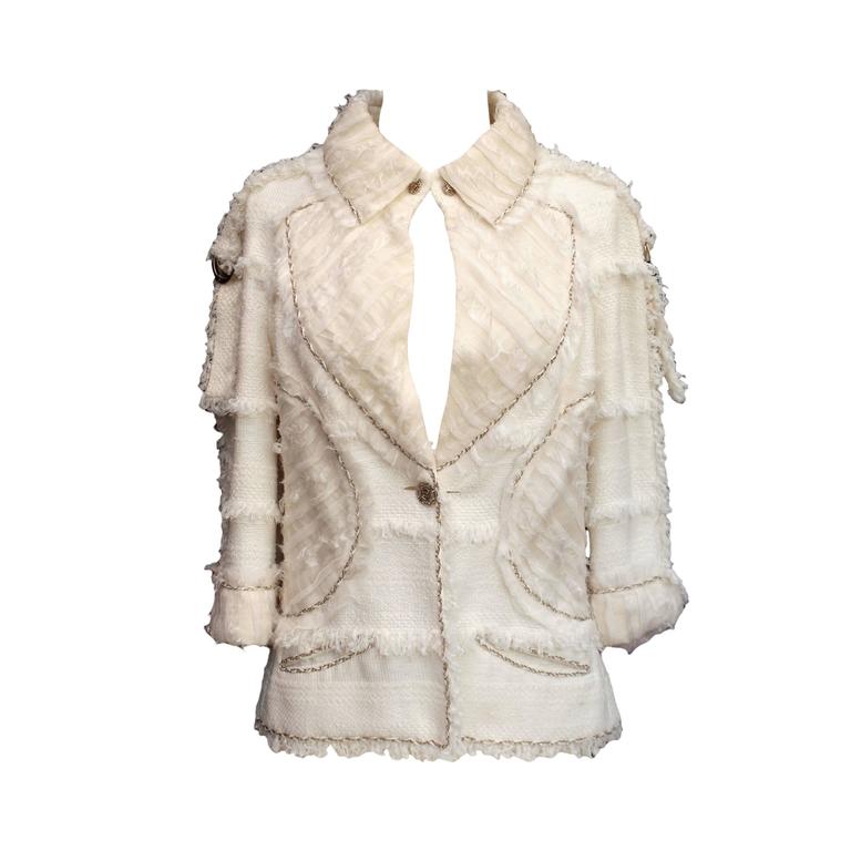 Chanel Ecru Cotton Tweed and Lace Jacket at 1stDibs