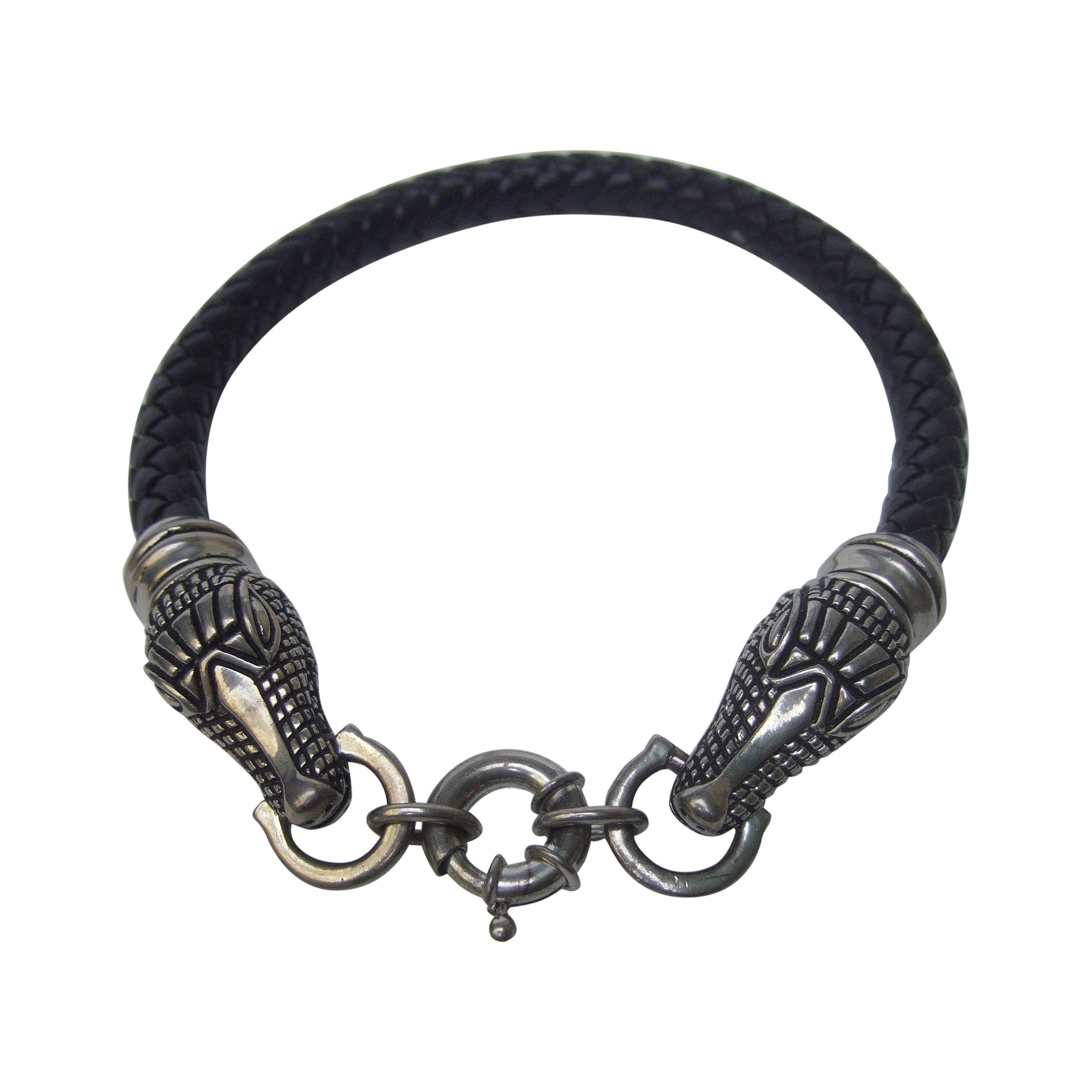 Sleek Braided Leather Alligator Head Choker Necklace