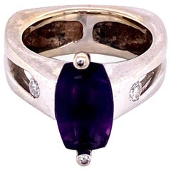Vintage Step Cut Amethyst and Diamond Gold Tiberio Cocktail Ring Fine Estate Jewelry 