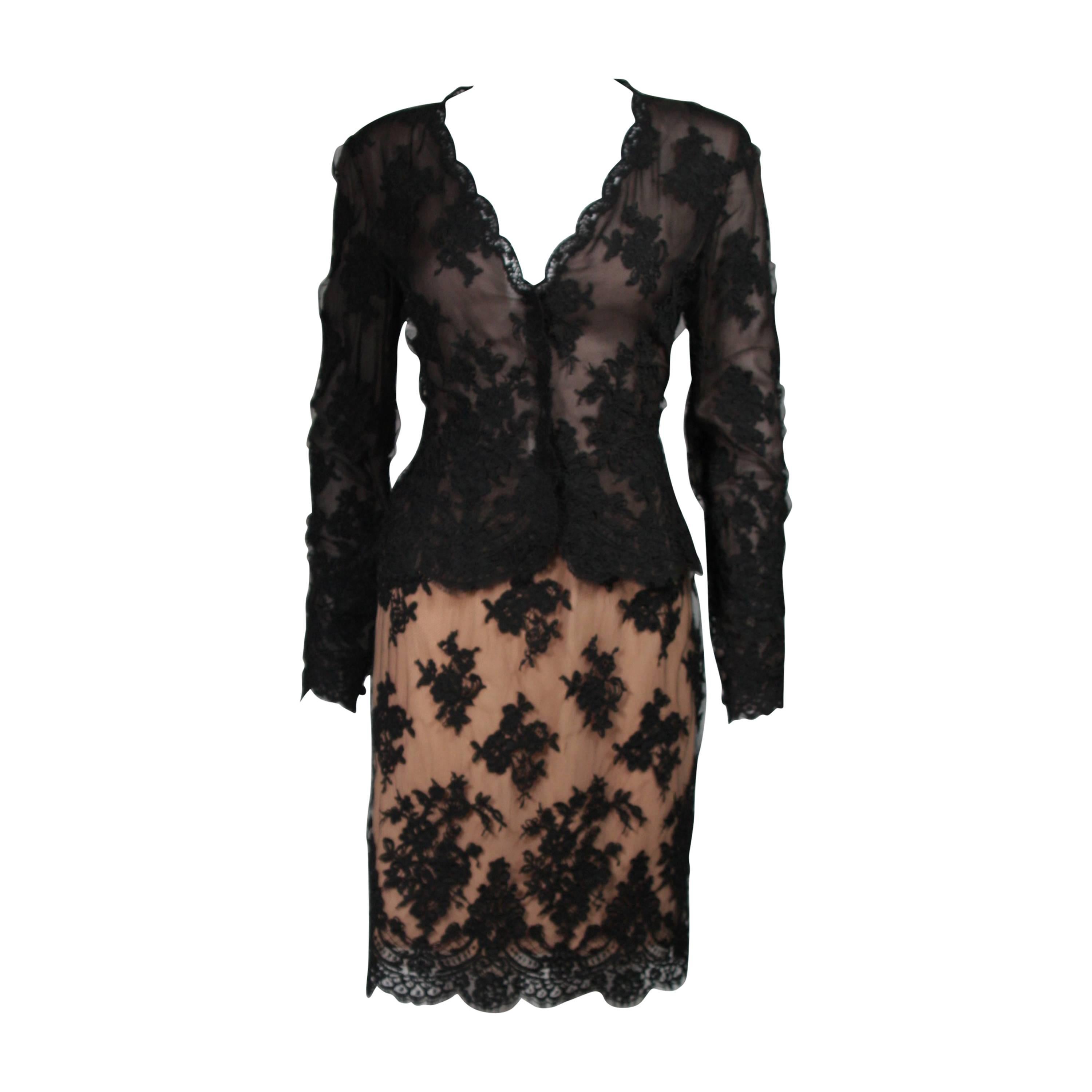 Bill Blass Black Lace and Mesh Skirt Set Size 12 14 For Sale