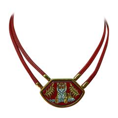 Hermes Vintage Tigre Royal Halskette aus Leder und Emaille