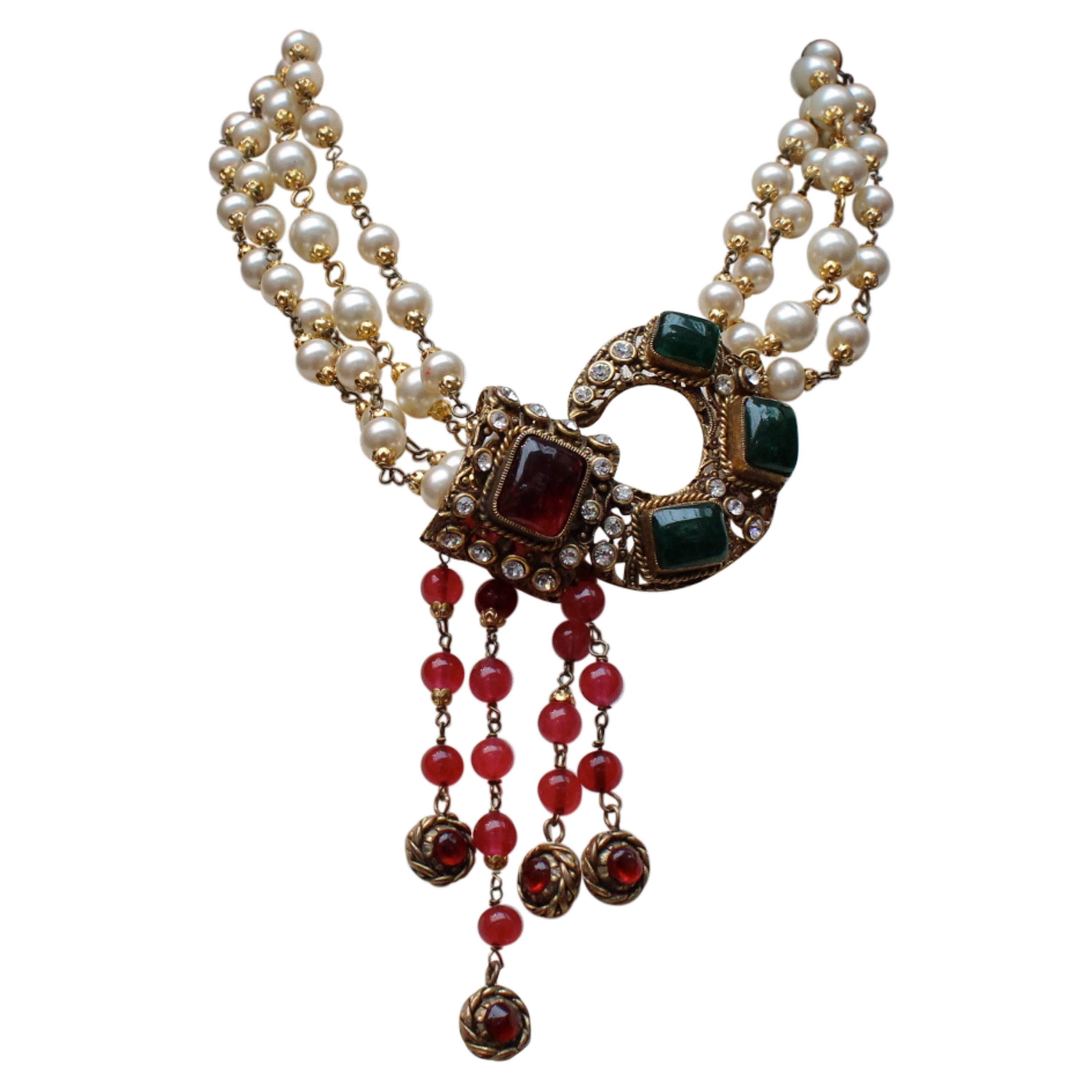 1984 Chanel necklace with Faux Pearls and Red and Green Glass Paste