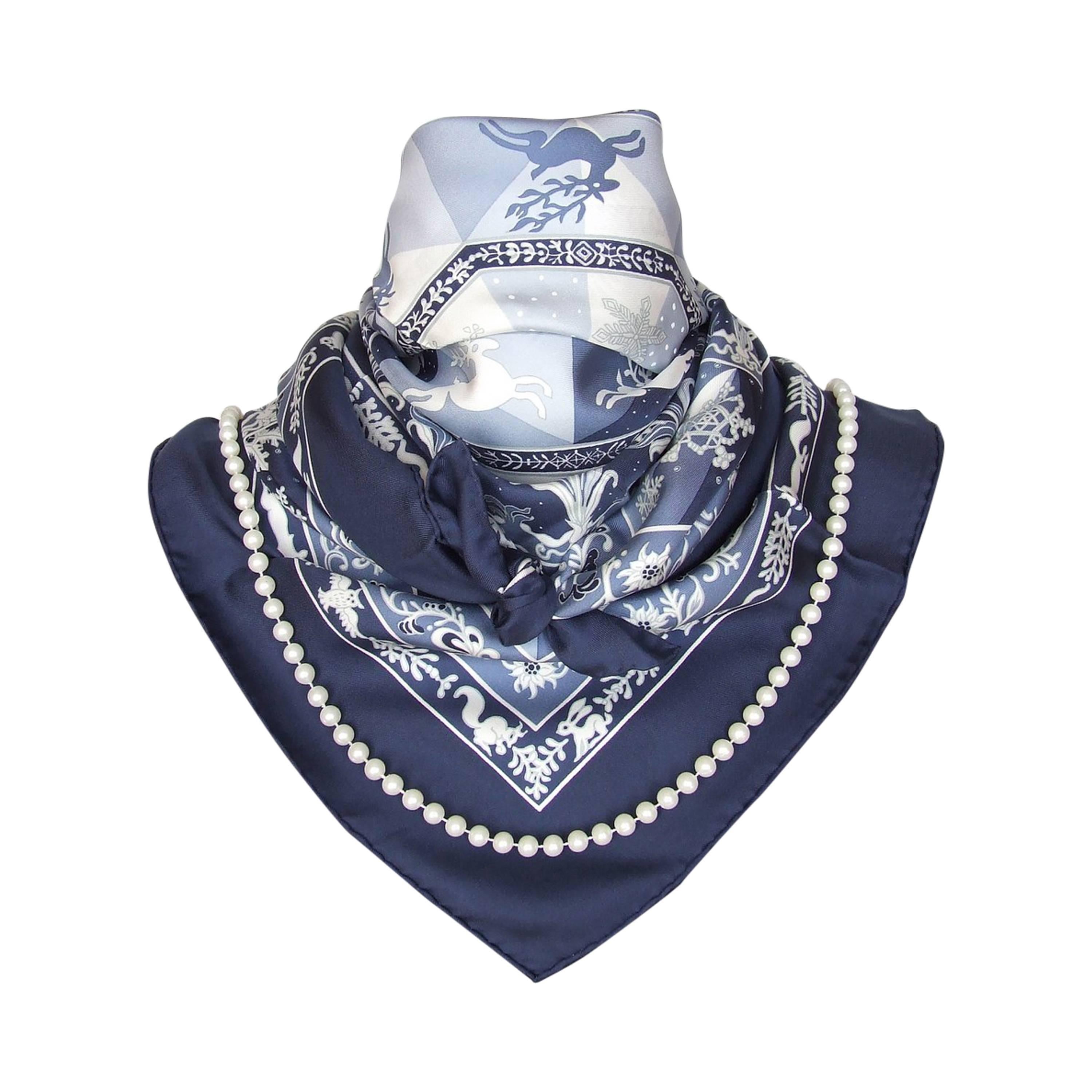 Authentic Hermes Silk Scarf Fleurs d Hiver Blue Laroche 90 cm