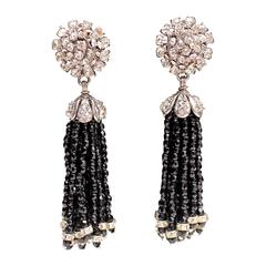 1995 Chanel Drop Earrings with a Tassel of Black Beads and White Crystals