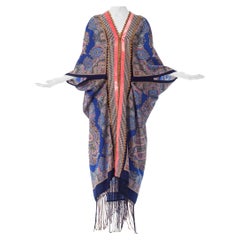 MORPHEW COLLECTION Blue Paisley Wool Cocoon Duster With Velvet Ribbon Trim