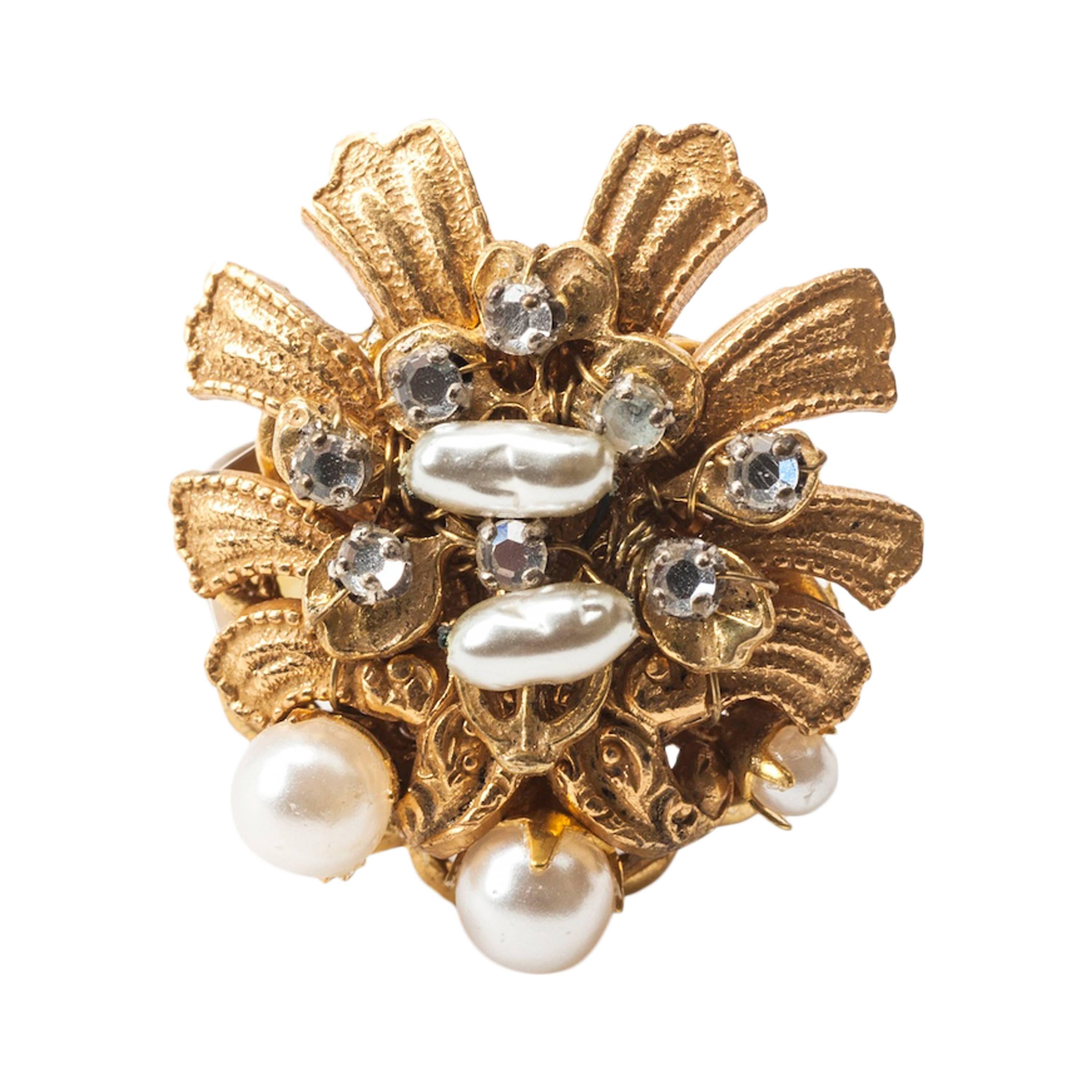 Miriam Haskell Pearl and Diamante Cocktail Ring For Sale