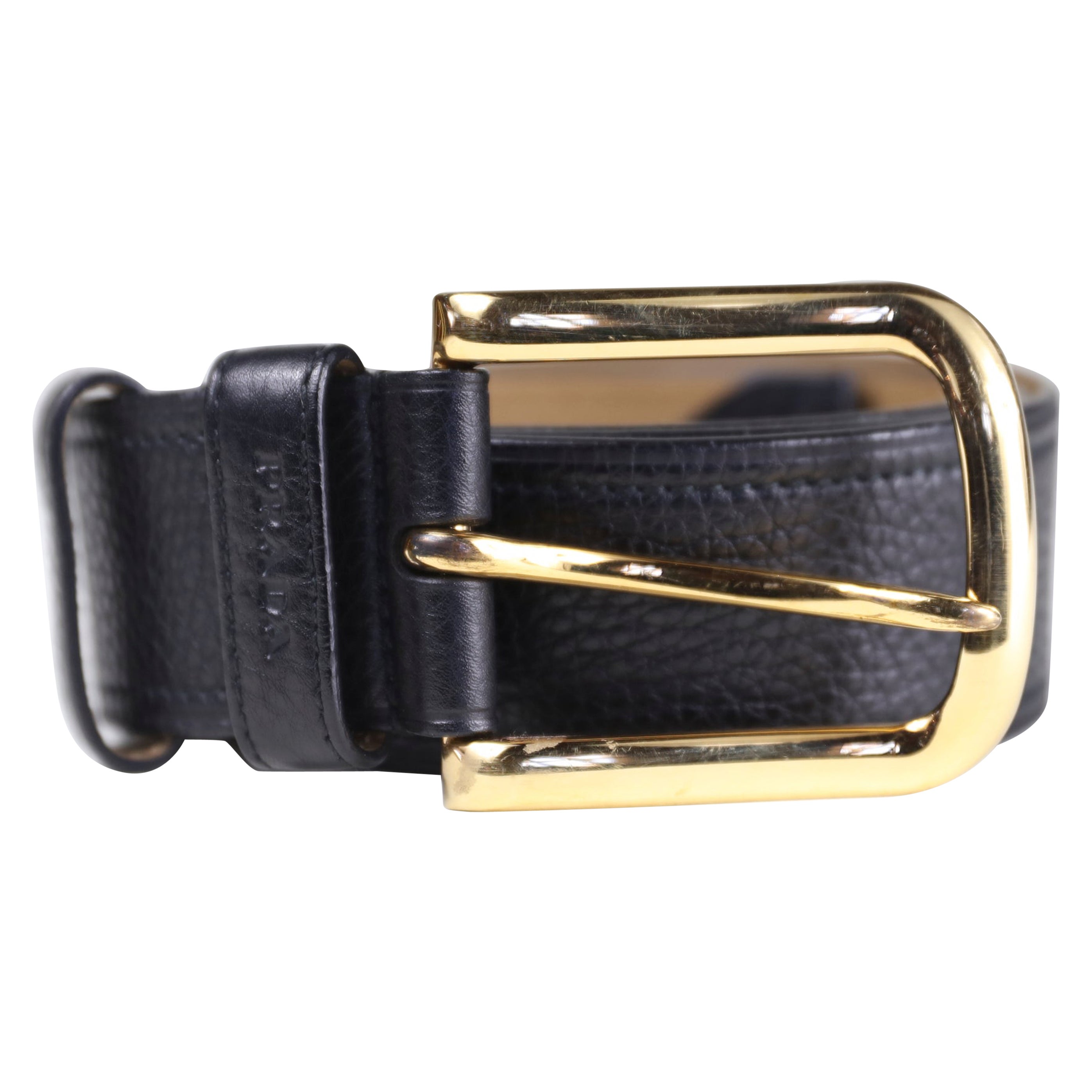 Prada Black Saffiano Leather Belt with Gold Rhinestone Buckle at 1stDibs