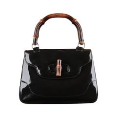 GUCCI Italian VINTAGE Black Patent Leather BAMBOO BAG Handbag PURSE Rare