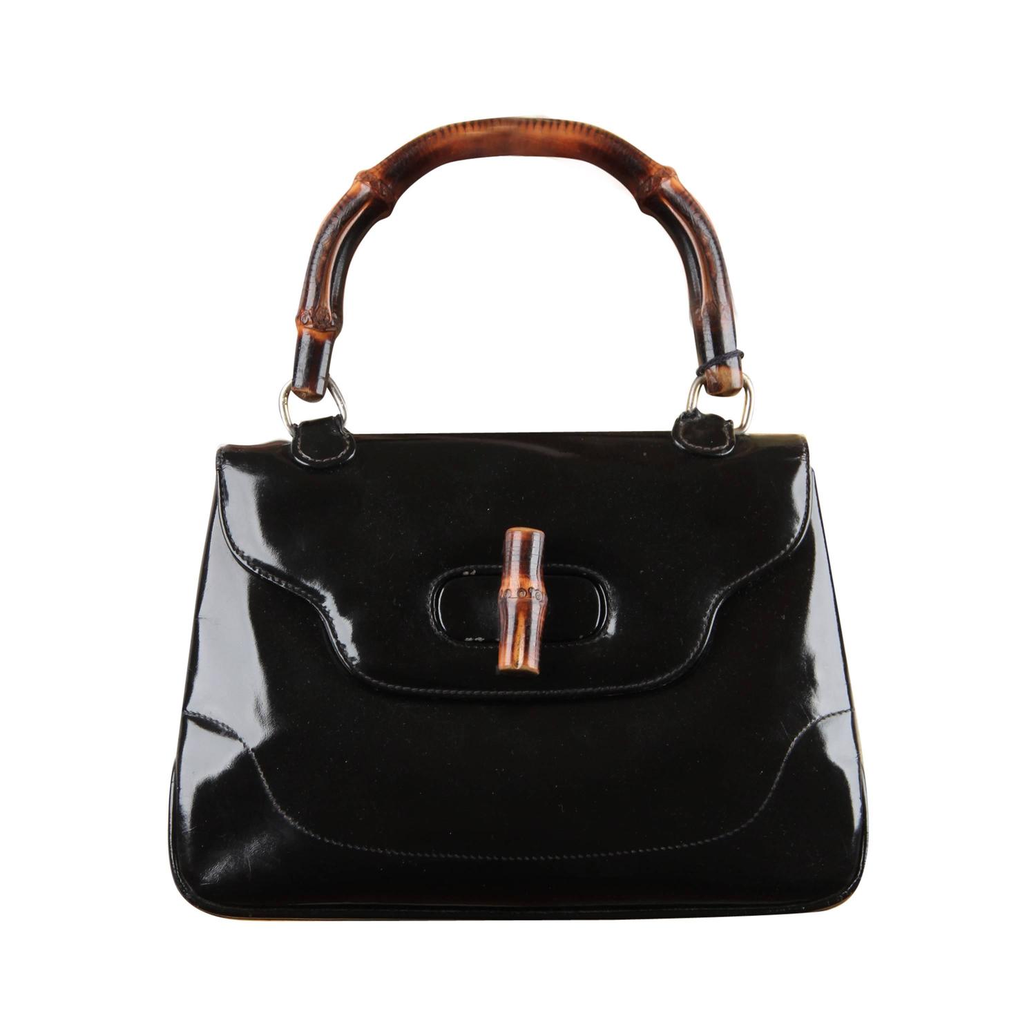 GUCCI Italian VINTAGE Black Patent Leather BAMBOO BAG Handbag PURSE Rare at 1stdibs