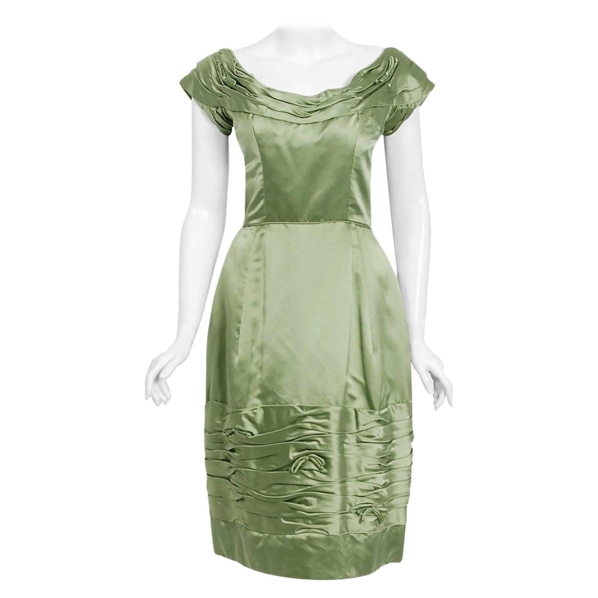 Vintage 1950's Evelyn Brown Couture Sage Green Silk-Satin Ruched Cocktail Dress For Sale