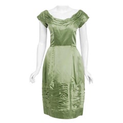 Vintage 1950's Evelyn Brown Couture Sage Green Silk-Satin Ruched Cocktail Dress