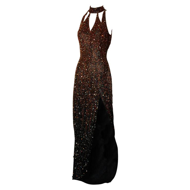 princess polly baby blue dress 1980S NAEEM KHAN Black and Gold Beaded Silk Cut Out Back Long Sleeve Gown  For Sale at 1stDibs main image 1