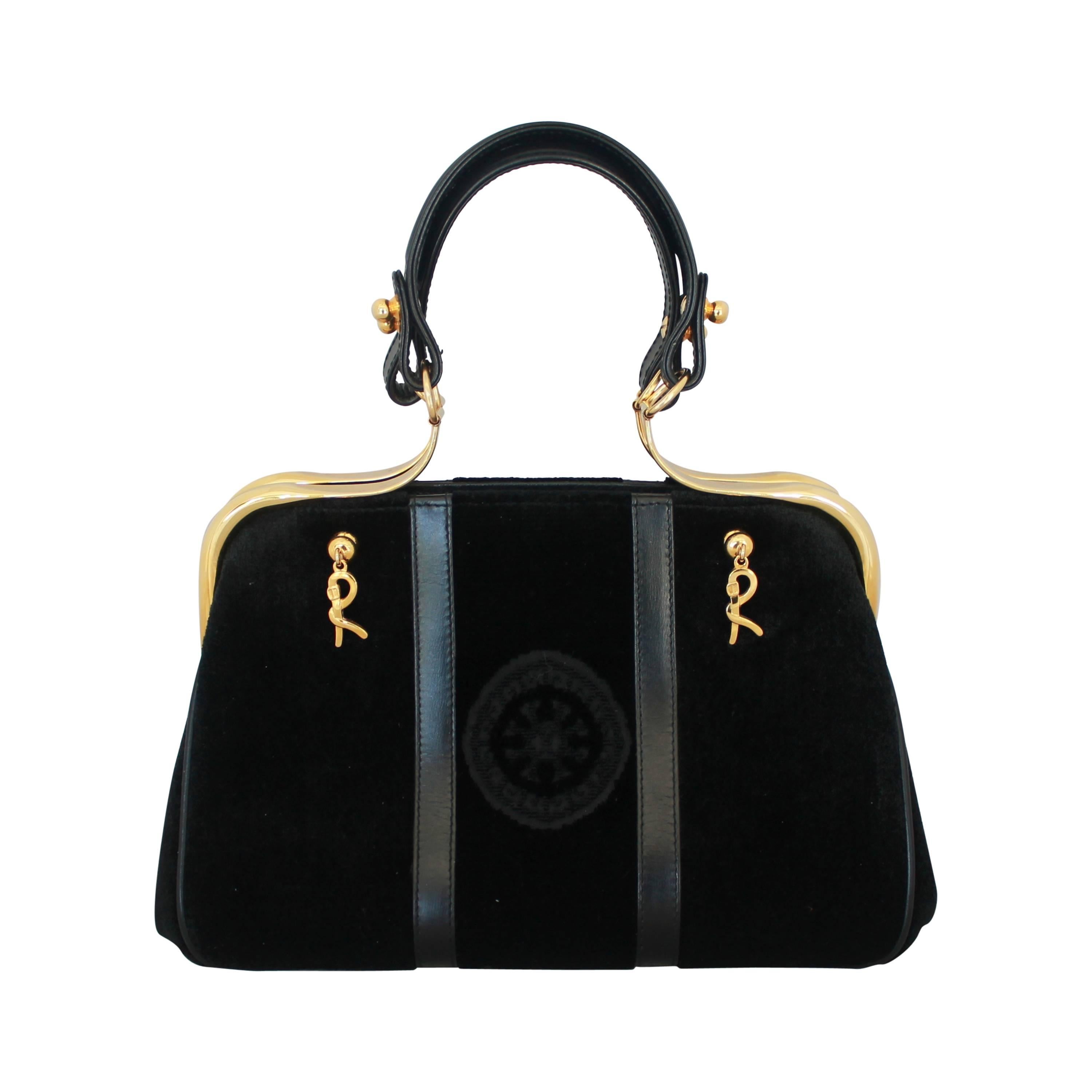 Roberto Di Camerino Vintage Black Cut Velvet Bag w/ Leather Detail & Front Desig