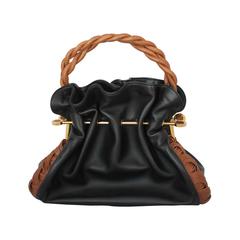 Bulgari Ruched Black Lambskin Bag w/ Brown Braided Handle & Gold Rod