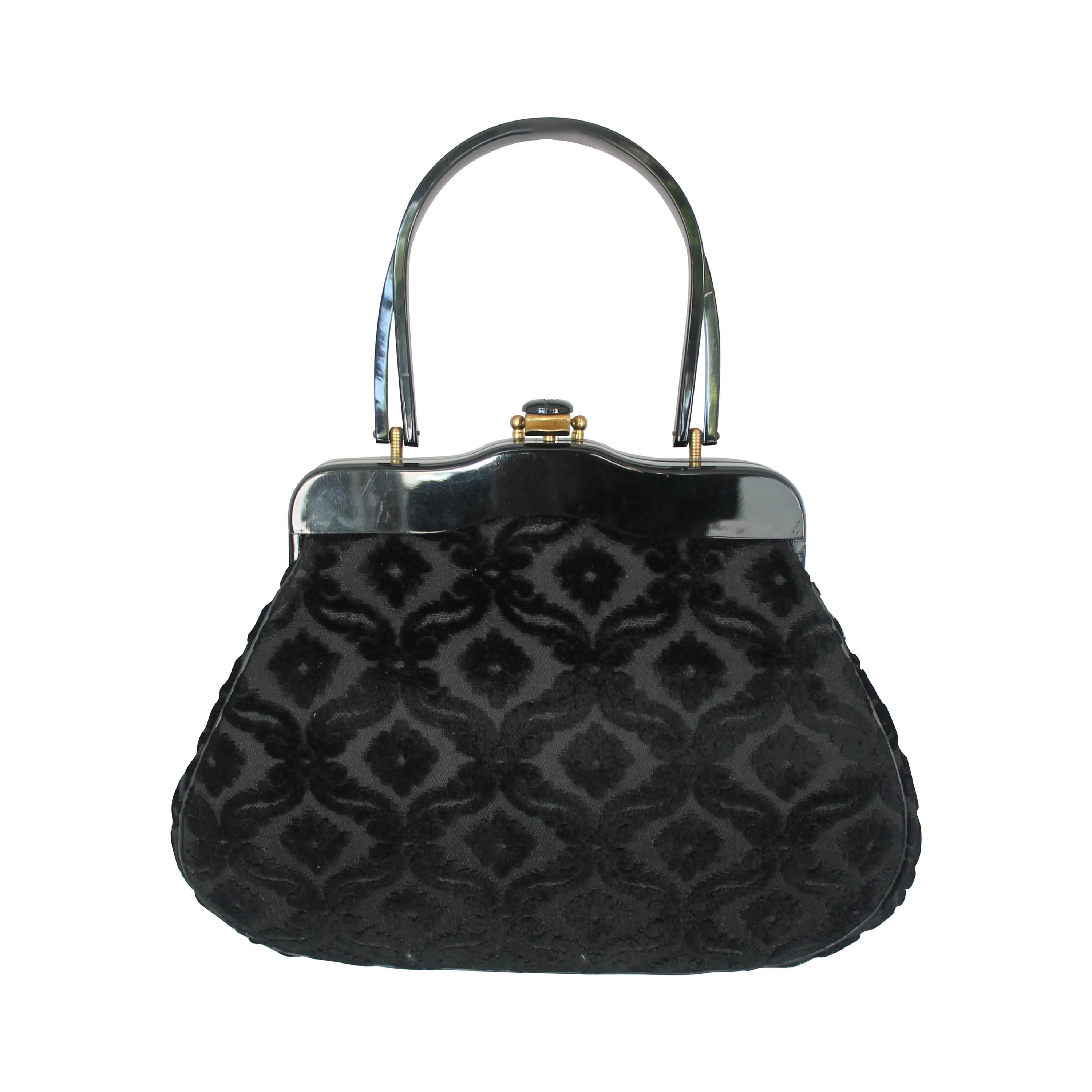 1950's Rialto NY Vintage Black Handbag w/ Cut Velvet Design & Lucite Handle