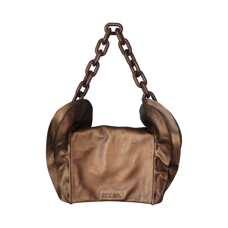 Prada Bronze Leather Handbag W Side Ruffles And Brown Glitter Prada Bronze Leather Handbag W Side Ruffles Brown Glitter Enamel Link Strap For