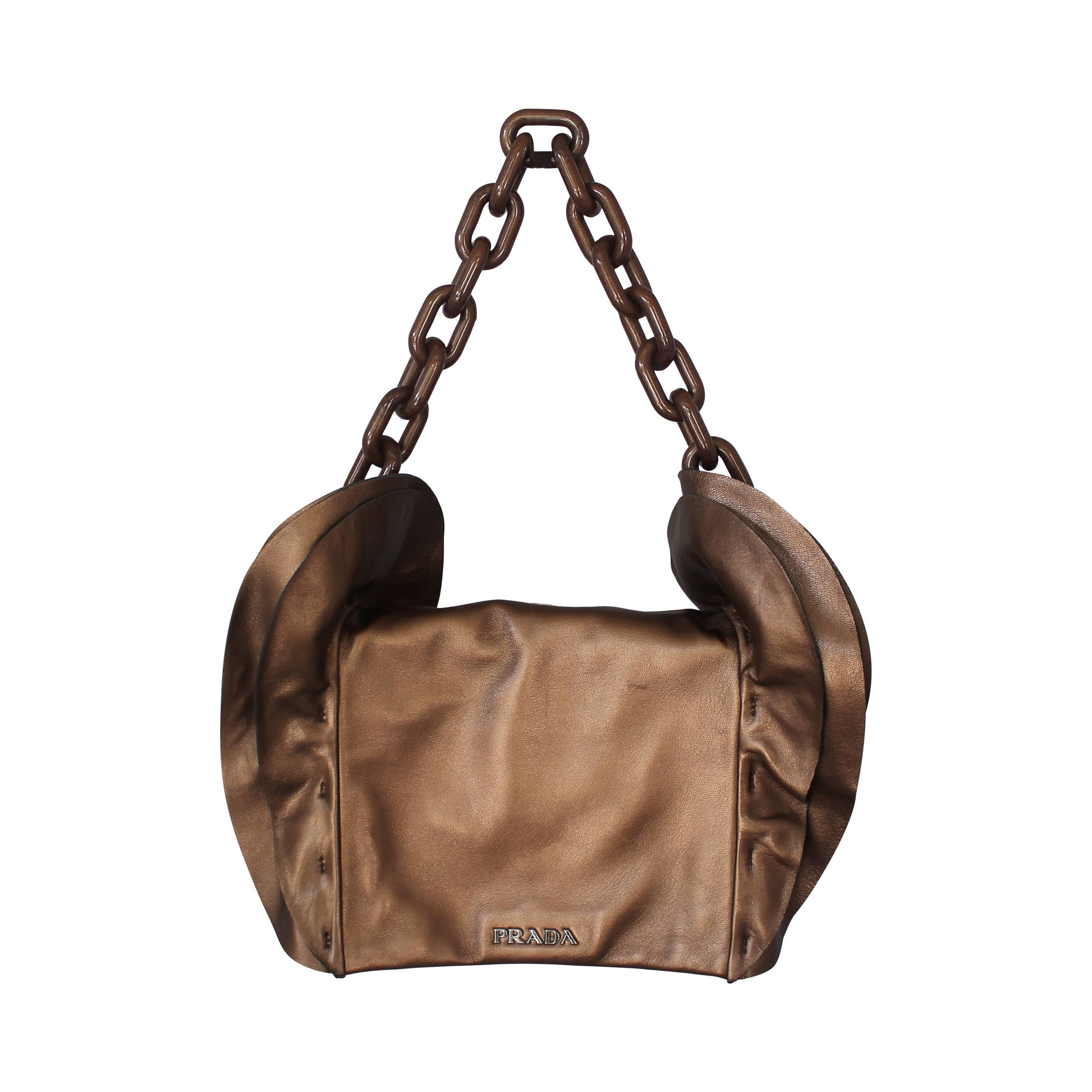 Prada Bronze Leather Handbag w/ Side Ruffles & Brown Glitter Enamel Link Strap 