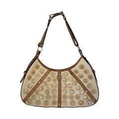 Yves Saint Laurent Beige Canvas Shoulder Bag w/ Enamel & Silver Studs