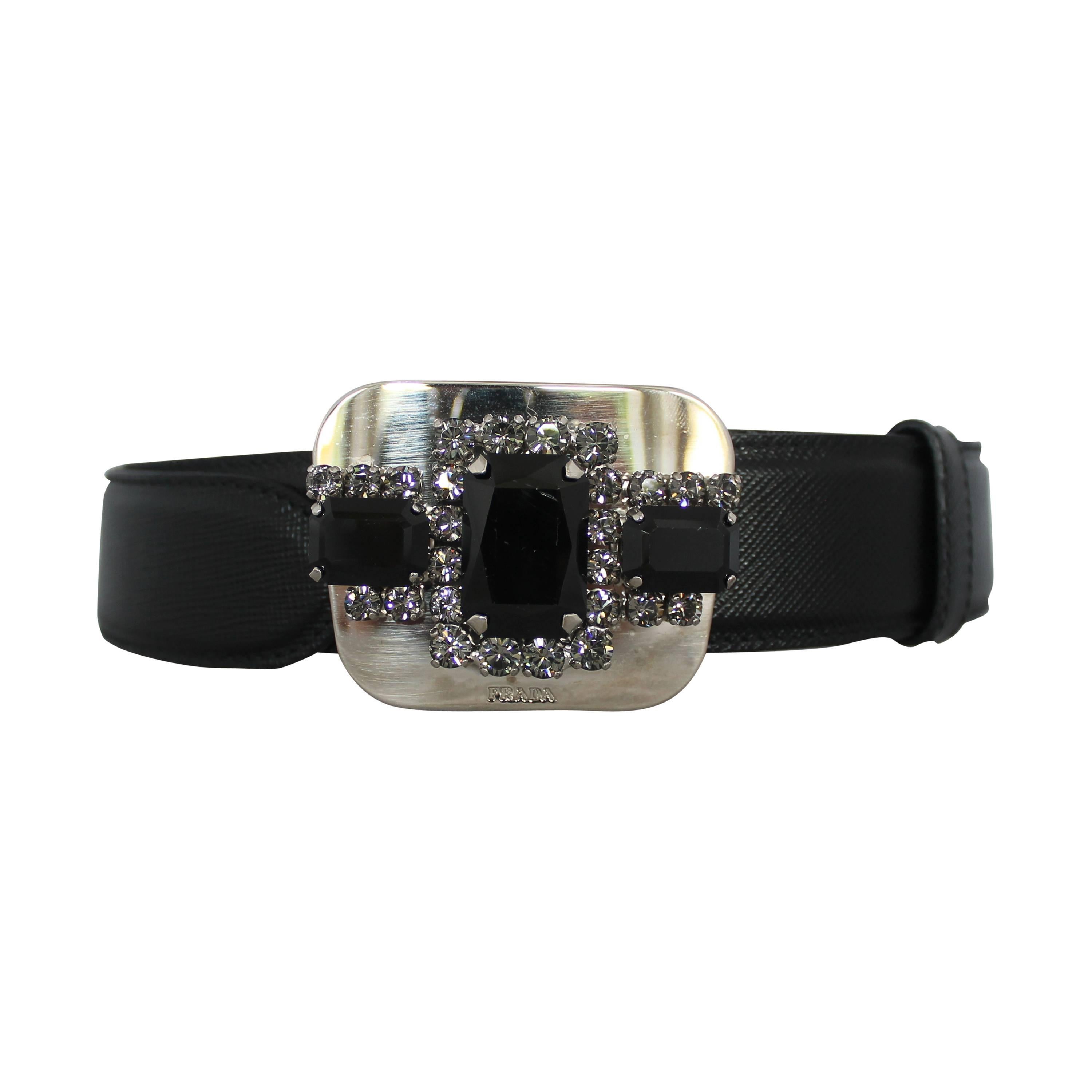 Prada Black Saffiano Belt w/ Silver Rhinestone Buckle - 6