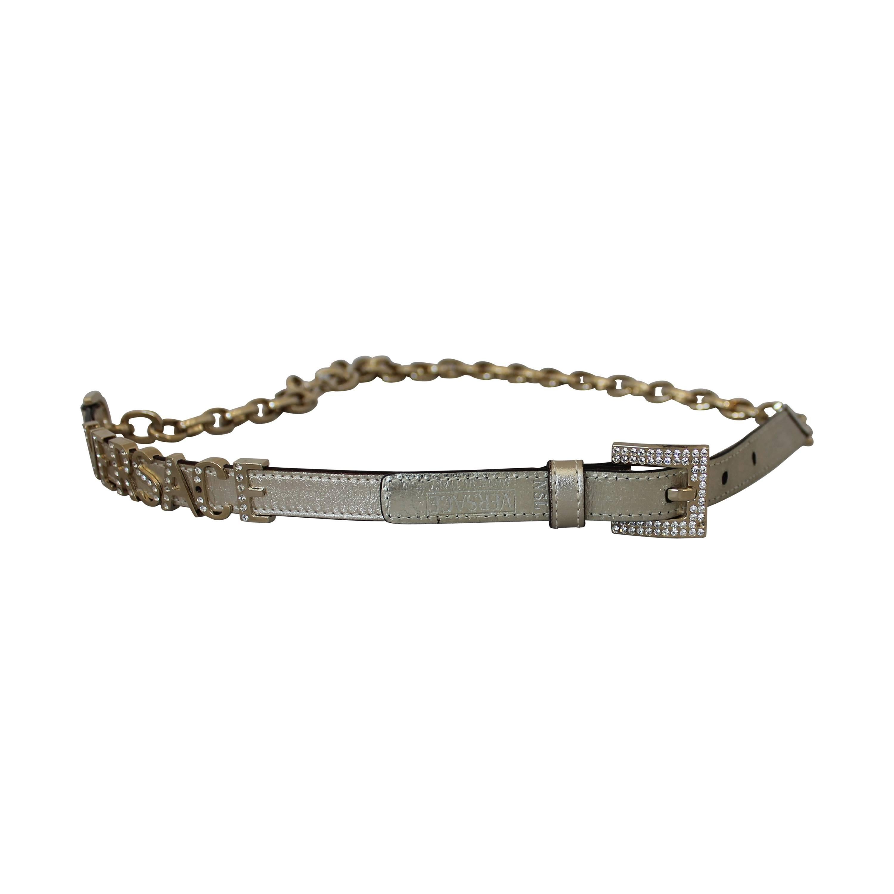 Versace Gold Leather & Chain Link Belt w/ Rhinestones Buckle & Logo  - 36