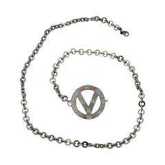Valentino Thin Silver Single Chain Belt w/ Etched Turquoise Logo Buckle 