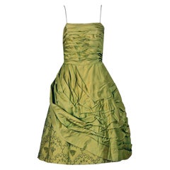 Vintage 1950's Chartreuse Green Beaded Ruched Satin Sculpted Full-Skirt Dress