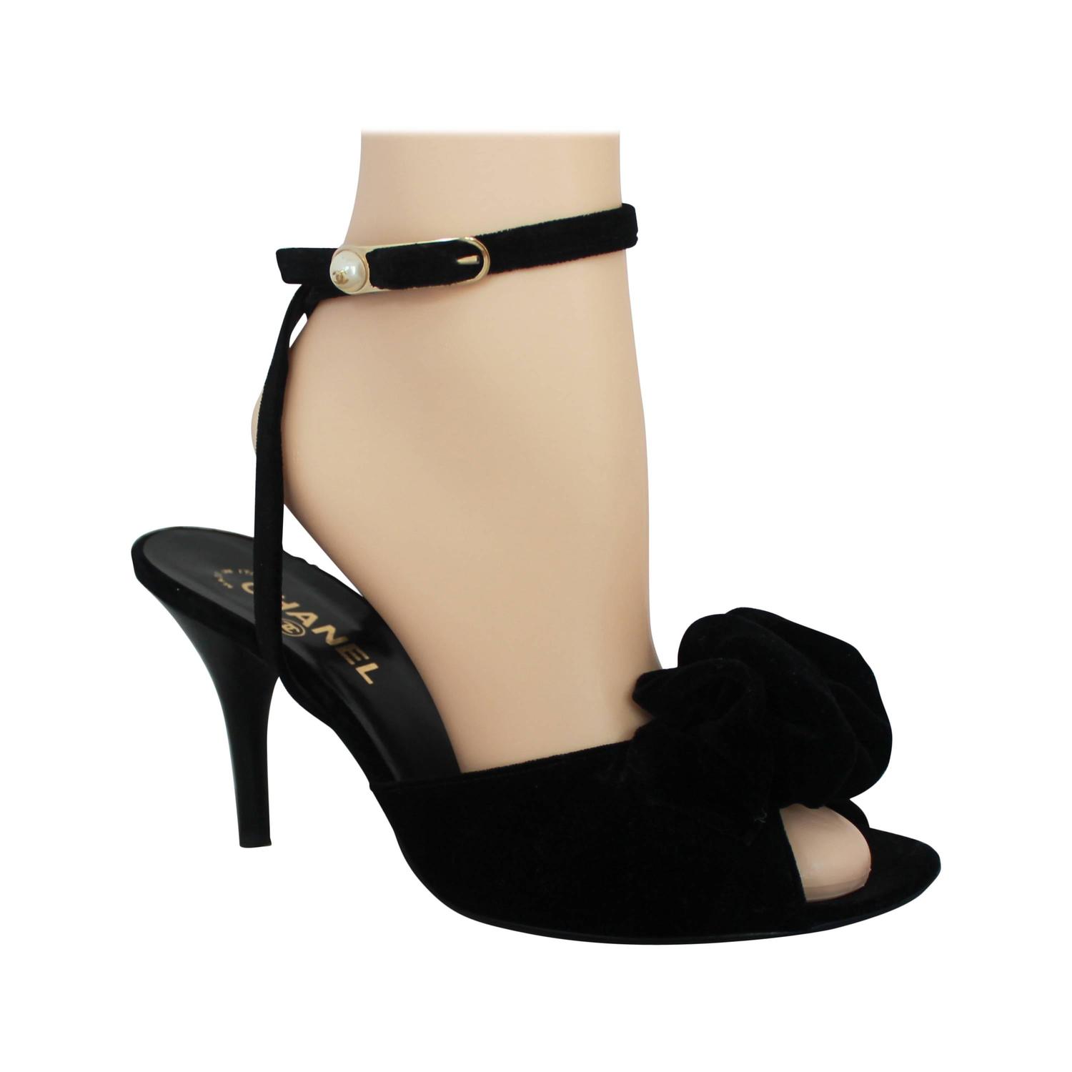 Chanel Black Velvet Open-Toe Strappy Heel w/ Floral Cluster - 39.5 For ...