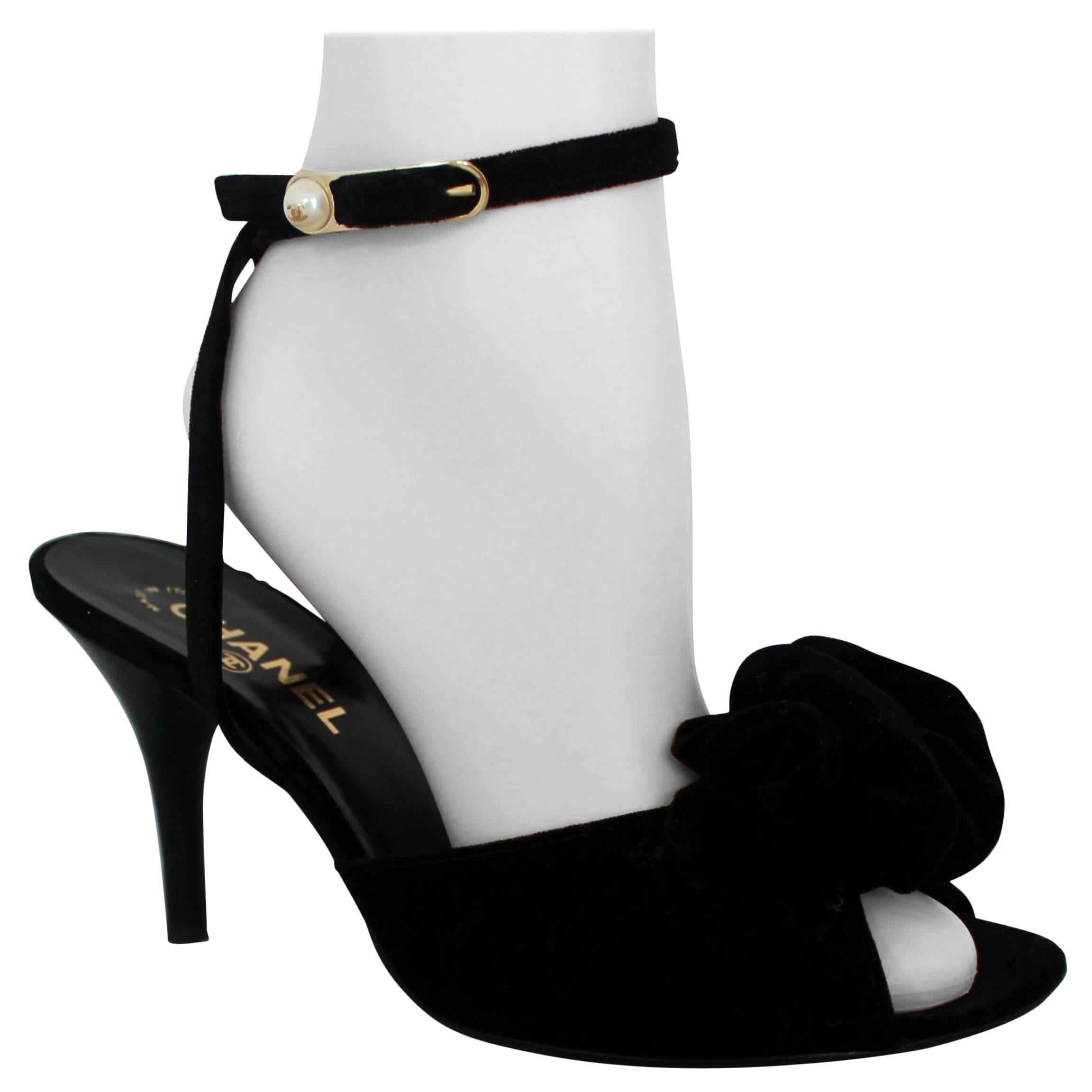 Chanel Black Velvet Open-Toe Strappy Heel w/ Floral Cluster - 39.5