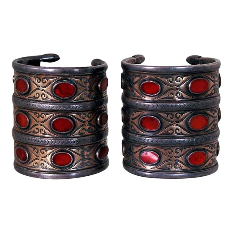 1880's Huge Antique Victorian Couture Silver and Carnelian Pair Cuff Bracelets
