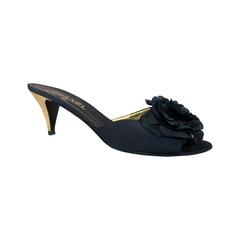 Chanel Navy Silk Faille Slide w/ Camellia & Geometric Etched Gold Heel - 40