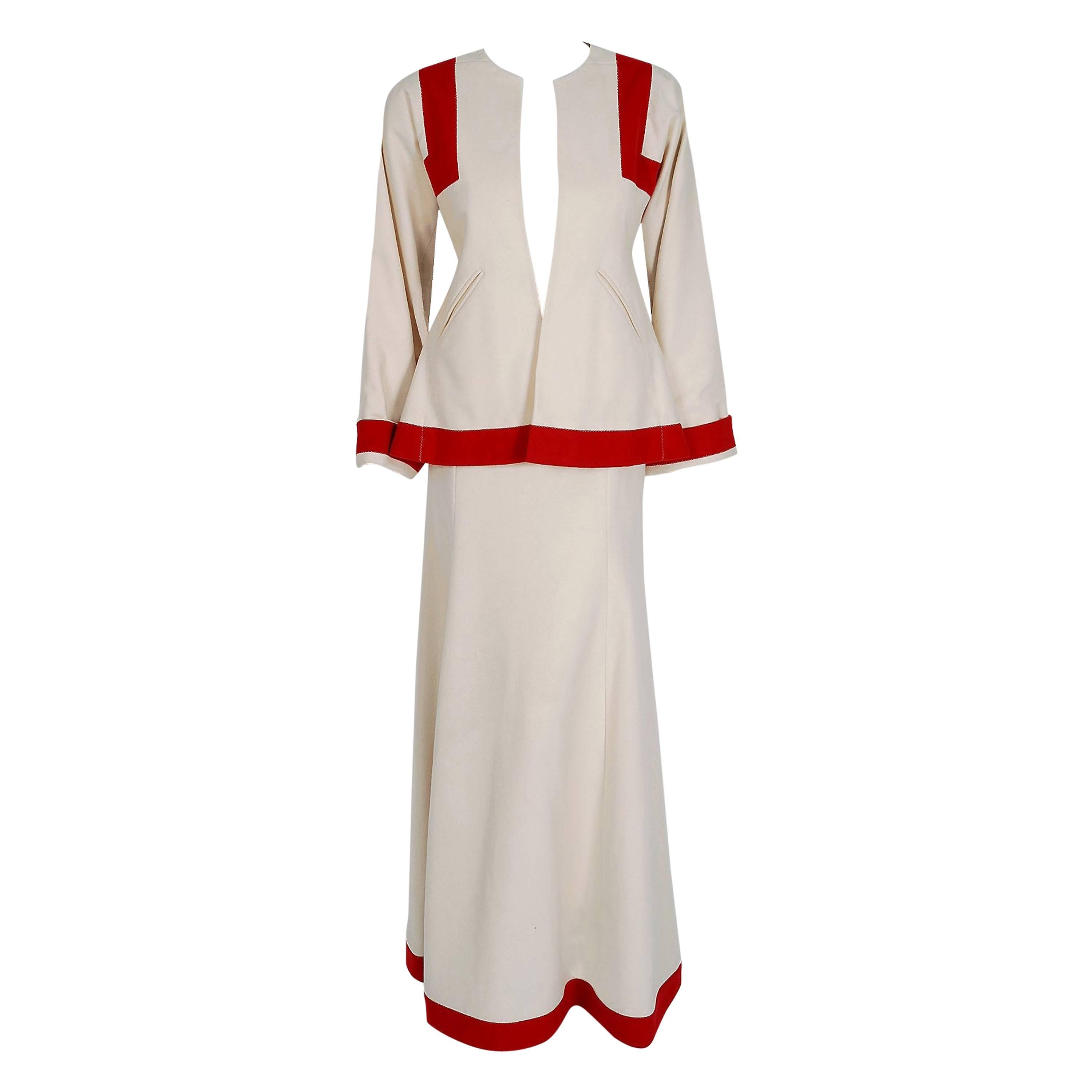 1973 Ossie Clark Ivory Red Block-Color Wool Jacket & Maxi Skirt Dress Ensemble