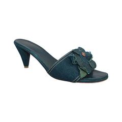 Chanel Blue Denim Slides w/ Camellia & Chanel Rivet - 40