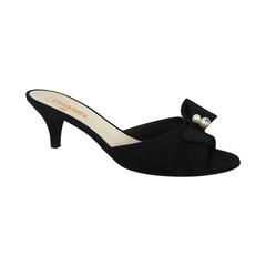 Chanel Black Satin Ribbed Slides w/ Front Bow & "CC" Pearl - 40 11