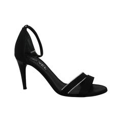 Chanel Black Satin Double Front Strap Heels w/ Ankle Strap & Mini Pearl Trim- 37