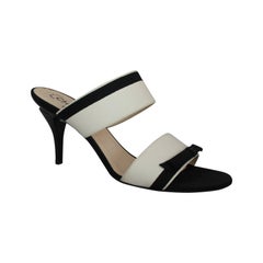 Chanel Ivory Lambskin Double Strap Heels w/ Black Ribbon Trim - 40