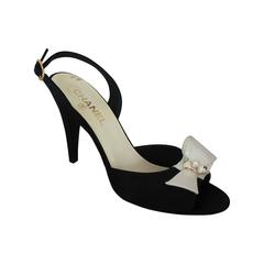 Chanel Black & Ivory Satin Open-Toe Sling Back Sandals w/ Front Bow - 40