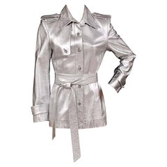 Zang Toi Silver Leather Jacket Trench Coat With Crystal Buttons Size 6