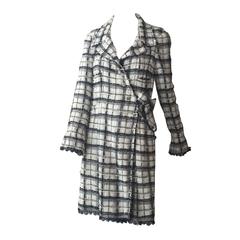 Chanel Black and White Plaid Duster w/ Side Button and Tie Closure