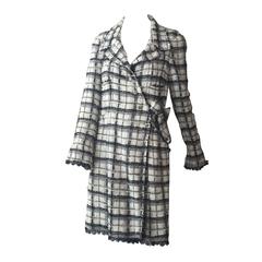  Chanel Black and White Plaid Duster w/ Side Button and Tie Closure