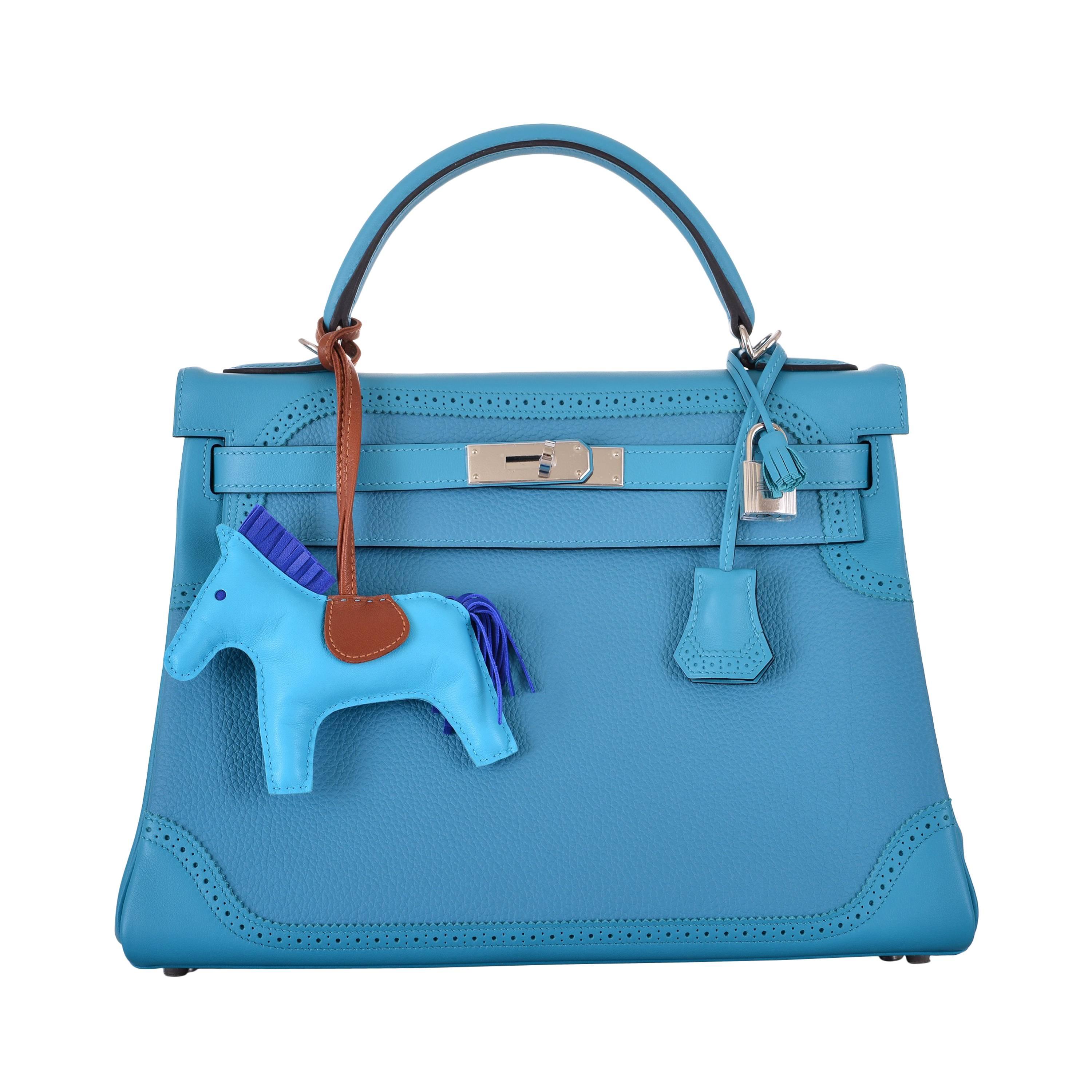 HERMES Ghillies Kelly Swift Mix 32cm Turquoise BAG JaneFinds For Sale