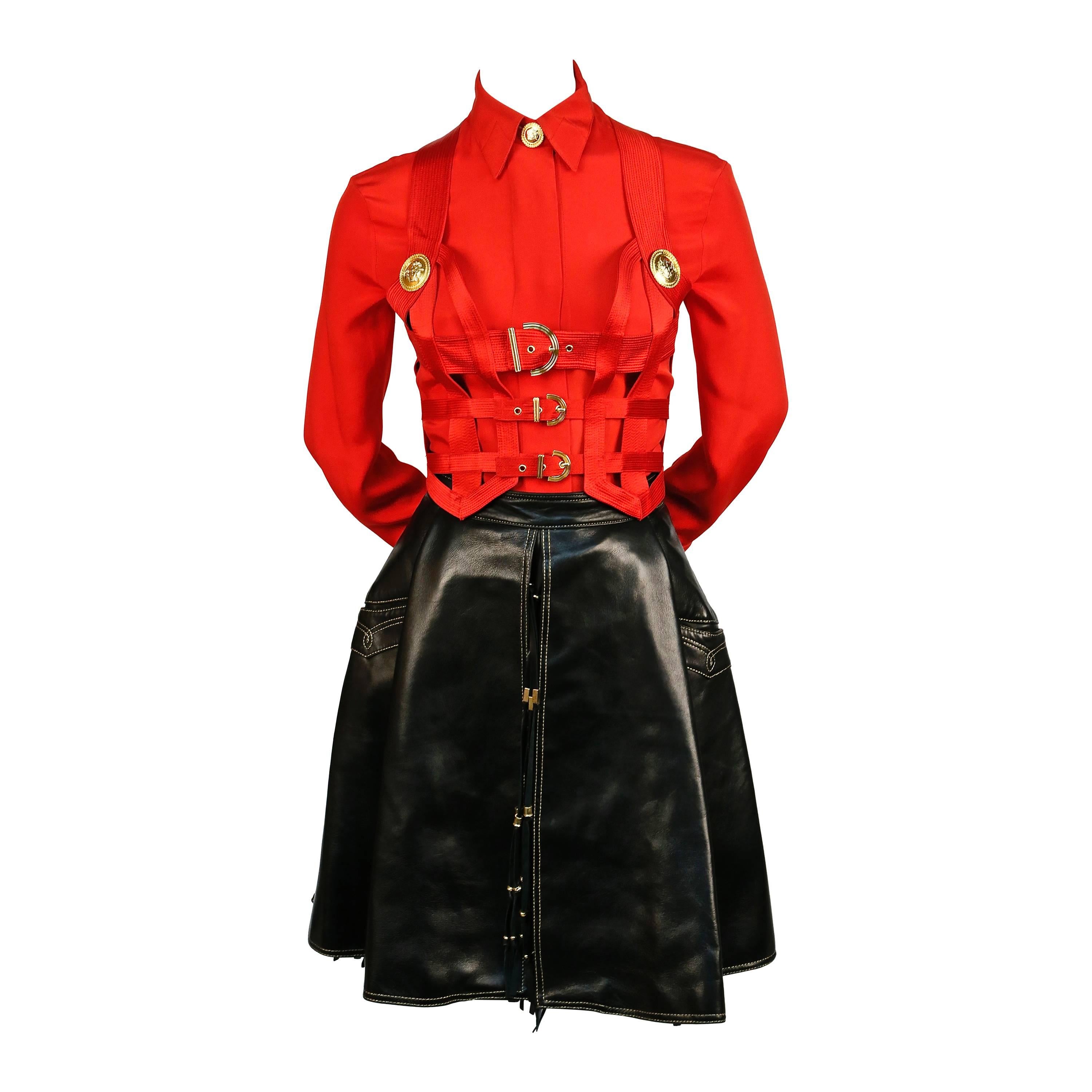 Iconic GIANNI VERSACE Bondage Harness silk blouse and leather skirt Fall 1992